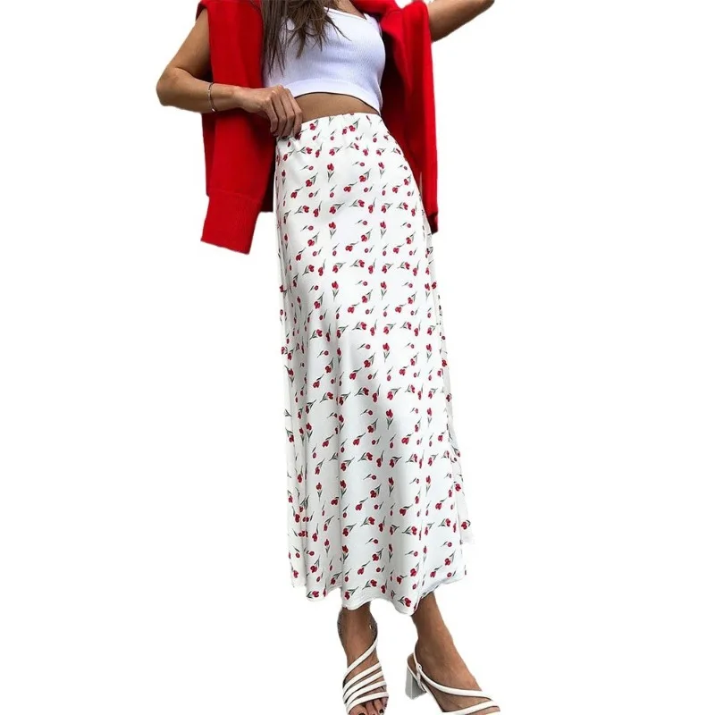 Women Floral Print Long Retro Skirts 2024 Spring Elegant Skirts Women High Waist A- Line Fishtail Cherry Print Skirt for Summer