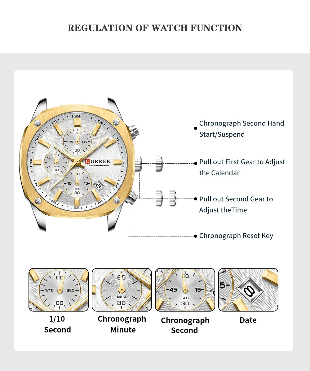 CURREN Business Casual Chronograph Uhr für Herren mit Edelstahlarmband und schwarzem Zifferblatt, leuchtenden Zeigern - Quarzwerk – Detail 4