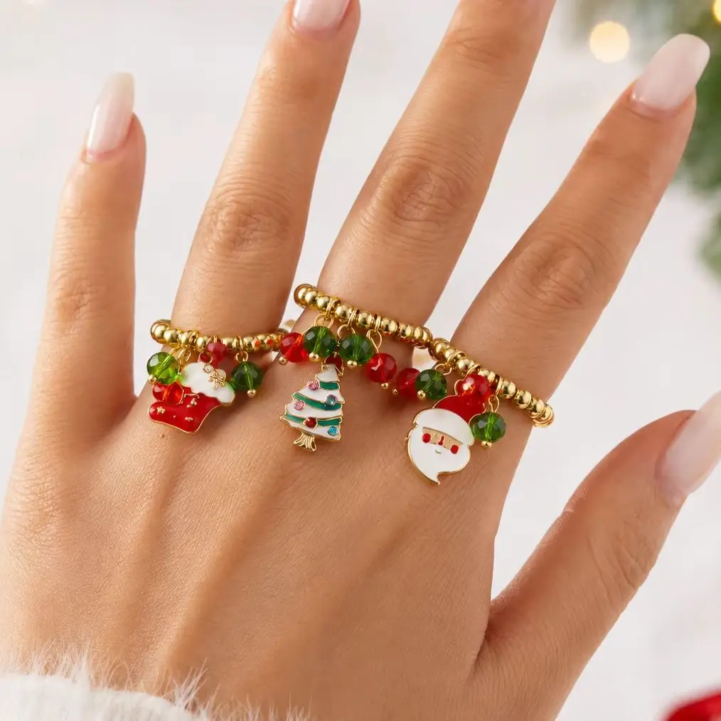 Christmas Charm Crystal Beaded Ring Set for Women Santa Claus Tree Stocking Dangle Rings Festive Adjustable Jewelry Gift