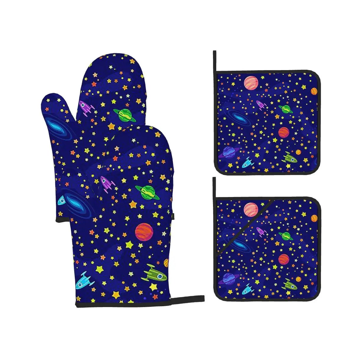 Starry Sky Space Galaxy Sun Moon Oven Mitts and Pot Holder Sets of 4 for Baking Kitchen Cooking Resistant Non-Slip Gloves