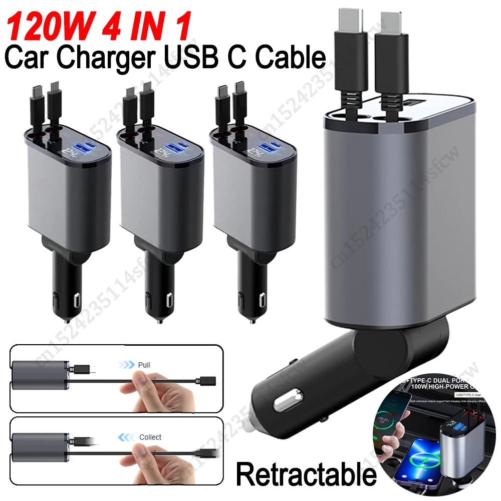 120W 4 IN 1 caricabatteria da auto retrattile cavo USB di tipo C per IPhone Xiaomi Huawei Samsung cavo di ricarica rapida adattatore accendisigari