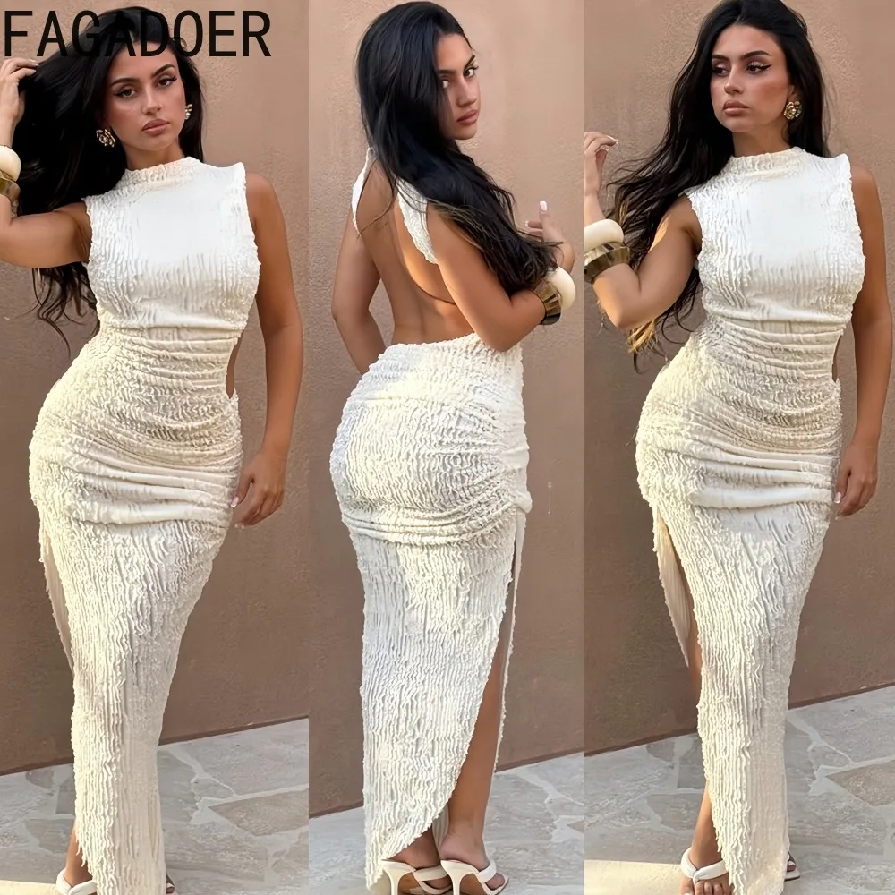 

FAGADOER Autumn New Sexy Bodycon Long Dresses Women Solid Color Sleeveless Backless High Slit Dress Female Streetwear Vestidos