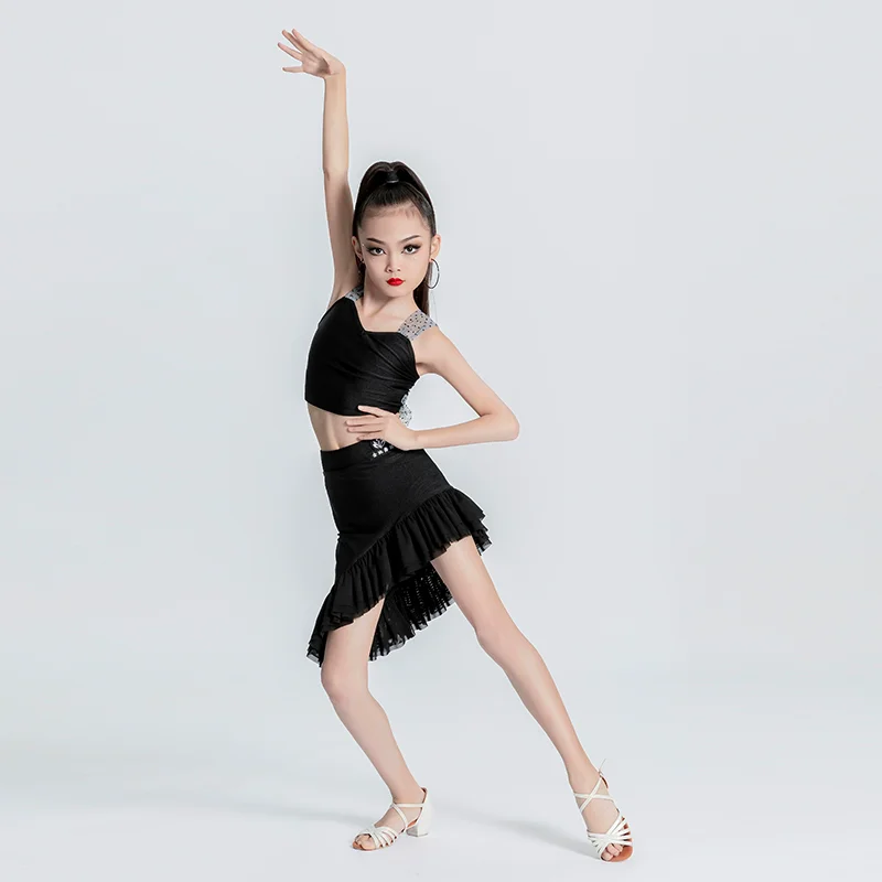 Menina vestido de dança latina salão crianças traje dança salsa preto crianças tango vestidos dança palco desempenho roupas