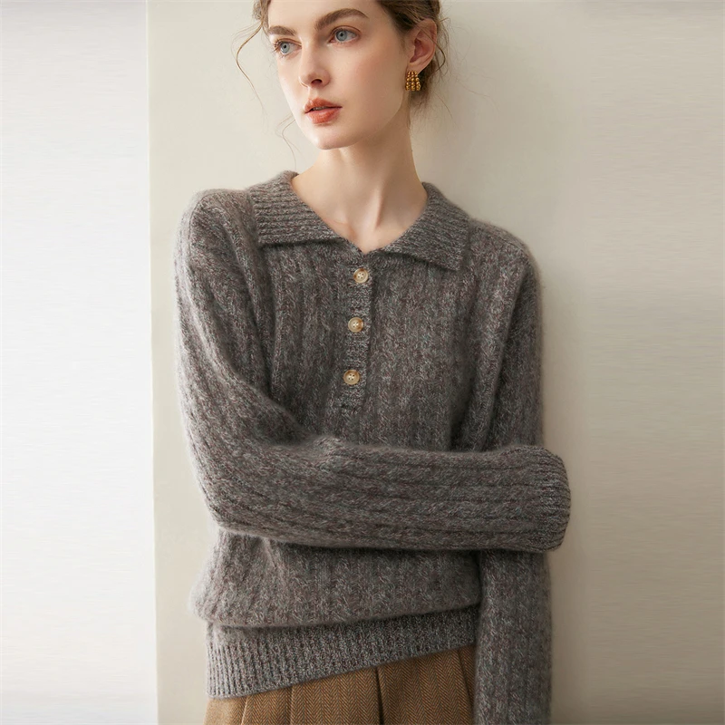 Thickened floral yarn lapel cashmere sweater women's autumn and winter new soft waxy warm sweater fashion Fried Dough Twists kni