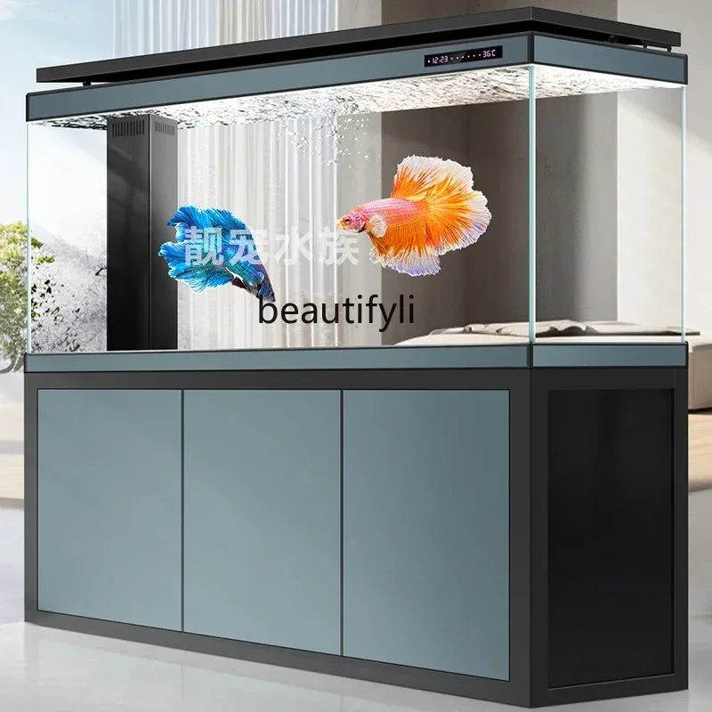 

R HLiving room household ultra-white glass against the wall bottom filter water-free dragon tank office company fish tank