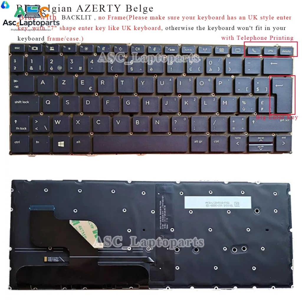 New Belgian Canadian French Portuguese Keyboard for HP Elite Dragonfly G1, G2, Max Keyboard Blue ,BACKLIT, with Telephone Print
