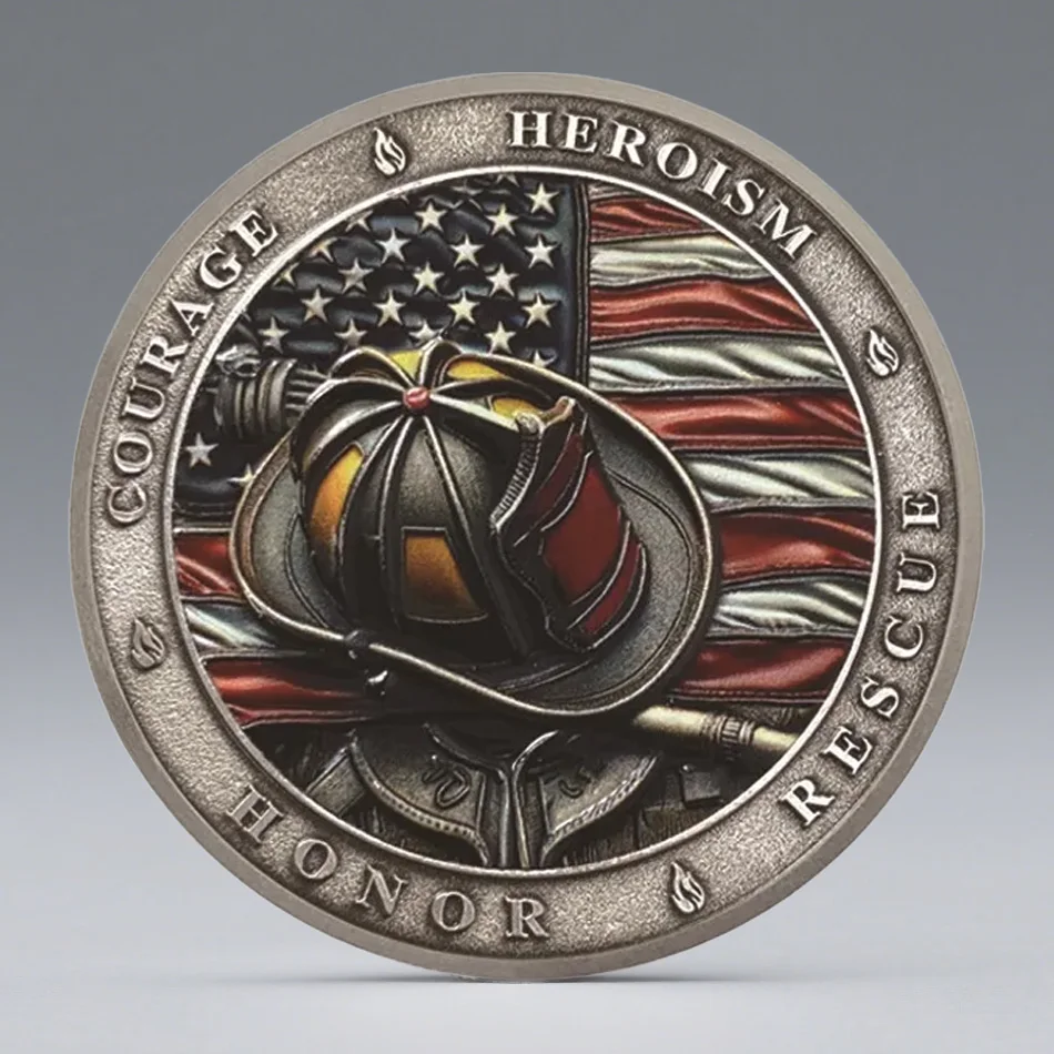 2D Printed Firefighter Helmet Challenge Coins Fire Ancient Silvery Plated Collection Coin Home Decoration