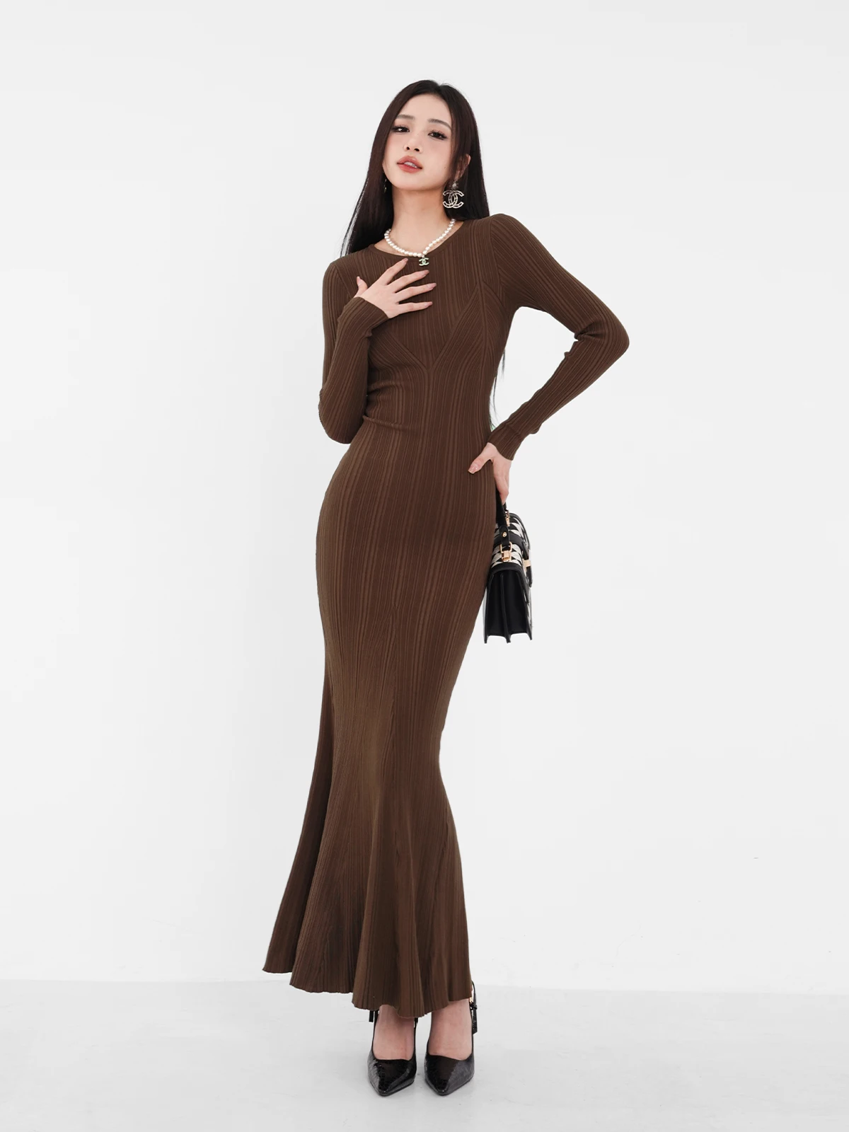 Women's Spring/Autumn European And American Style Round Neck Textured Knitted Dress Long Sleeved Slim Tight Fishtail Dress C922