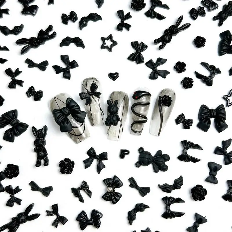 50PCS Random Mixed Black Bows Bear Nail Charms Resin Mini Heart Star Flower Nail Art Decorations Handmade DIY Press on Nails