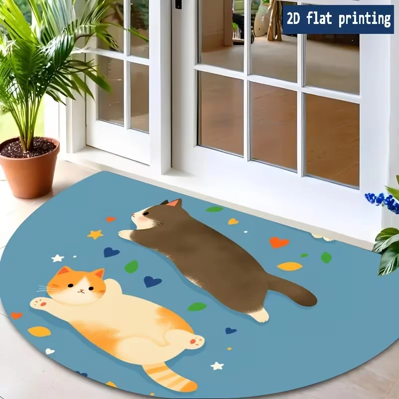 Cute Lazy Cats Heart Star Pattern Half-Round Doormat Adorable Cartoon Cat Print Entrance Rug Doodle Art Home Decor Carpet