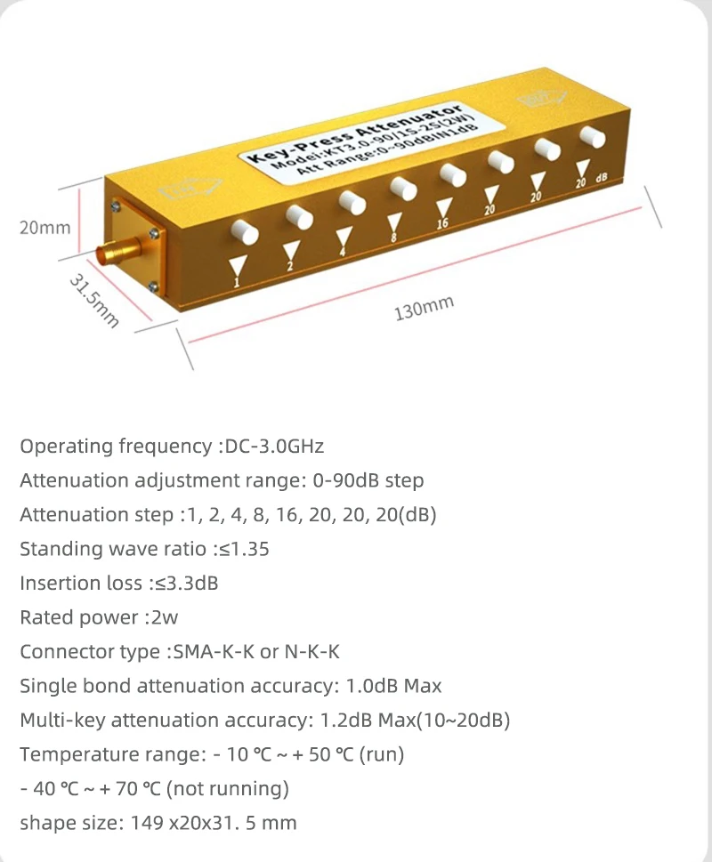 Przycisk regulowany tłumik SMA/N typ DC-2.5/3/4GHz 0-30/60/90dB 2/5/10W RF zmienny tłumik-naciśnij tłumik sygnału