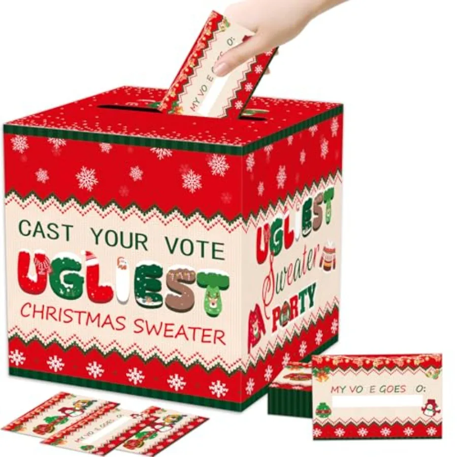 醜いクリスマスセーターコンテスト投票箱、投票カード50枚付き、8.7インチ、クリスマスゲームパーティーデコレーション用投票カードボックス
