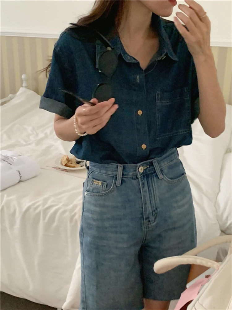 Colorfaith BL9616 New 2022 Vintage Pockets Elegant Wild Office Lady Korean Fashion Women Spring Summer Blouses Denim Shirts Tops