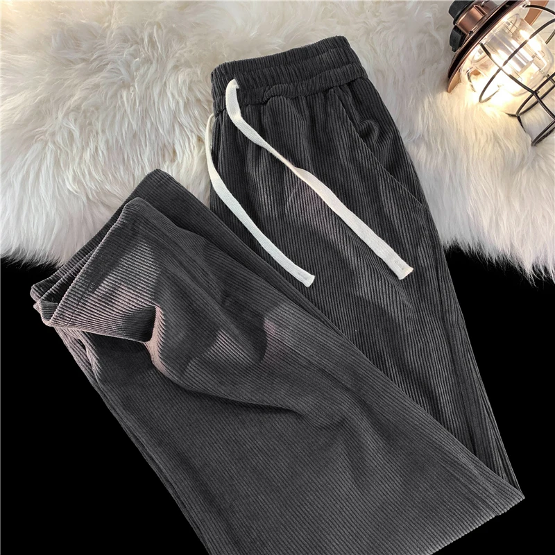 Korean Style Men's Loose Casual Pants Fashion Elastic Waist Corduroy Street Baggy Sports Trousers Brand Men's Pants Black Gray