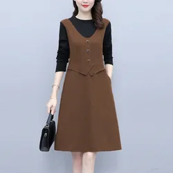 Women's Autumn Winter New Fashion Round Neck Patchwork Button Versatile Long Sleeved Slim Fit Fake Two Piece Mid Length Dress