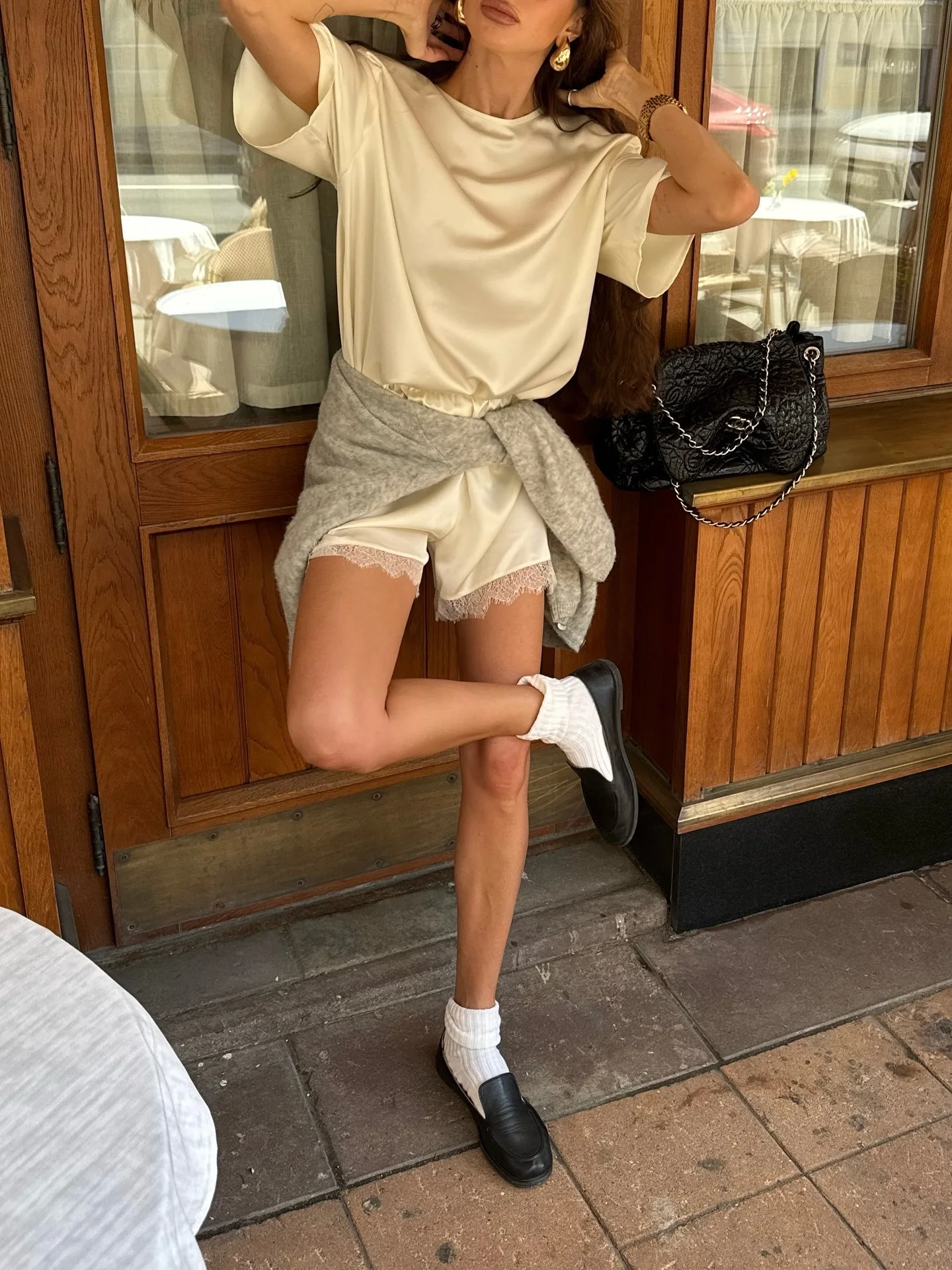 

DSMTRC Glossy Surface Casual Short Sleeve T-shirts+Lace Patchwork Shorts 2 Piece Set Women's Matching Sets Holiday Outfits Suits