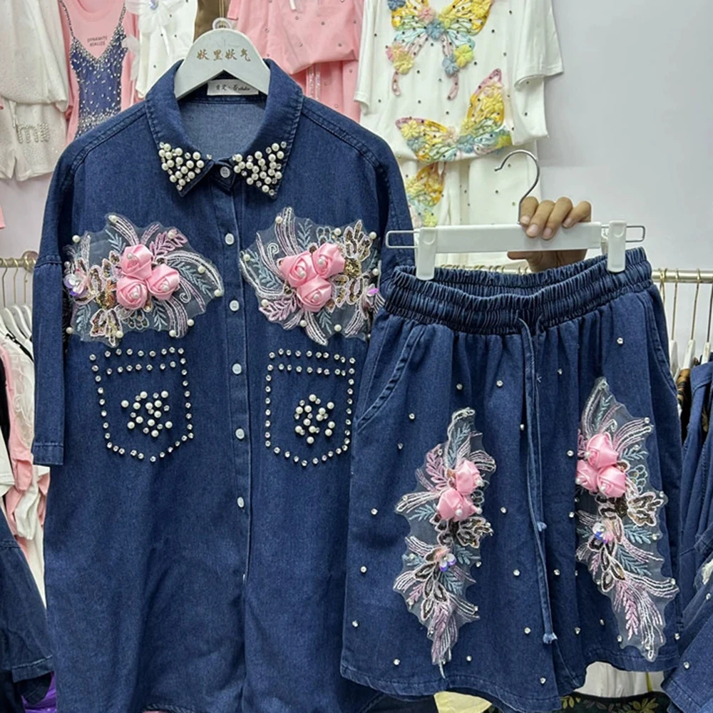 

Heavy Beaded Diamond Floral Denim Shirt Top + Denim Wide Leg Shorts Two-Piece Set-GZTZ066