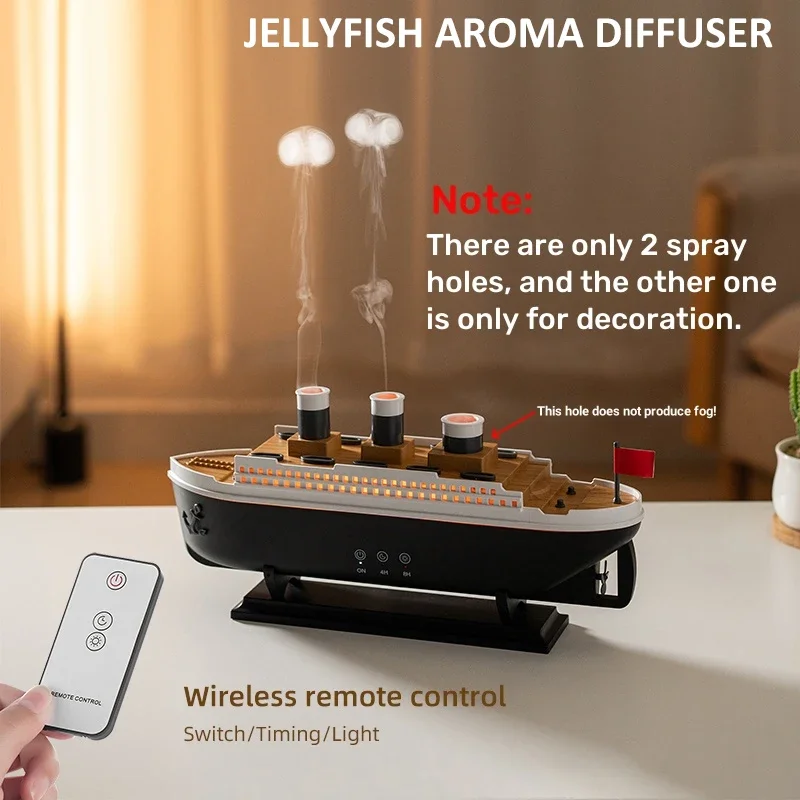 Ocean Liner Design Aroma Diffuser Cool Mist Air Humidifier Colorful Night Light Remote Control Timing for Spa Yoga Room Gift
