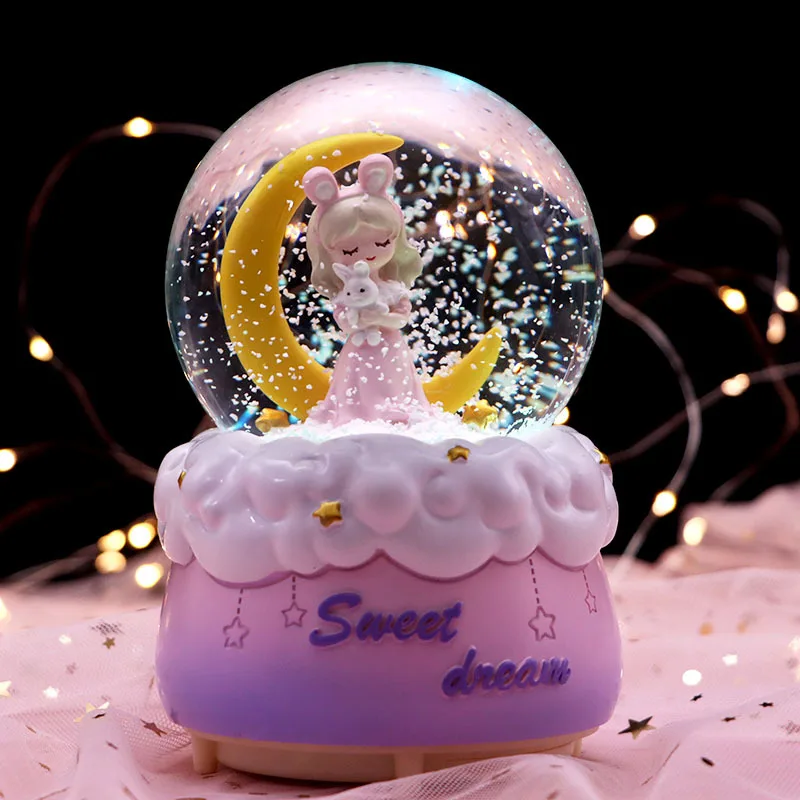 3D Crystal Ball Music Box para meninas, lua princesa, anjo, floco de neve, luz colorida, sonho, festa de aniversário, presente dos namorados