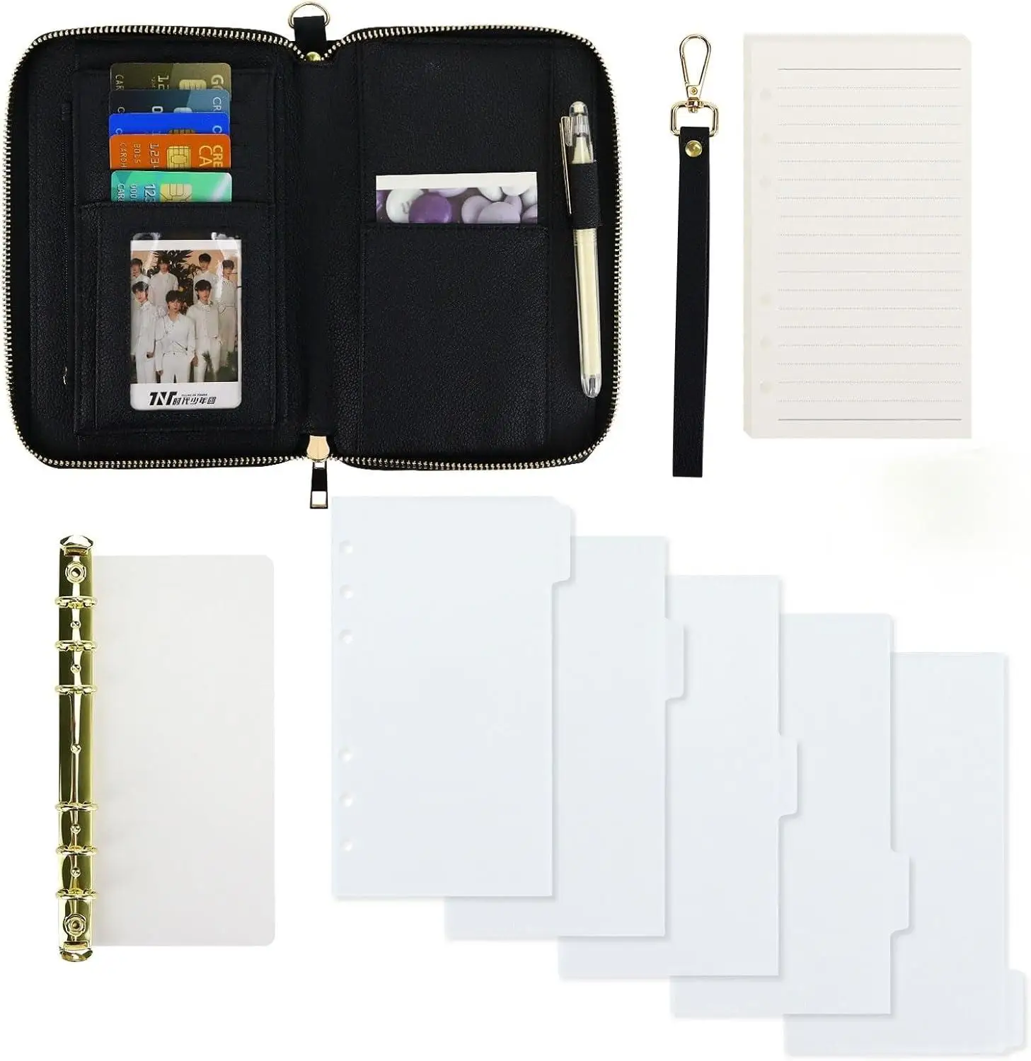 

New A6 PU Leather Budget Binder Wallet with Zipper PU Leather Cover Notebook with 45 Sheets Refill Paper, 5pcs Divider Pocktets