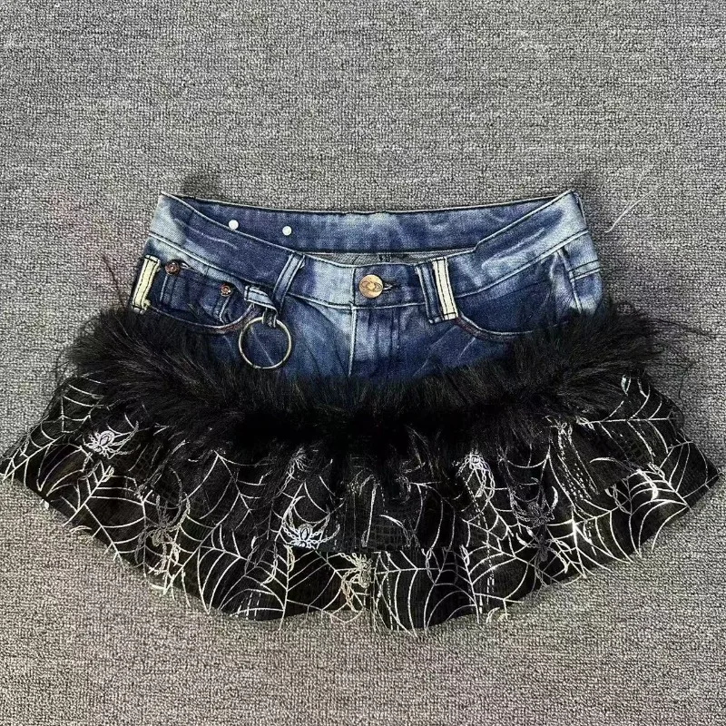 

Summer Y2K Gothic Grunge Skirt Women Subculture Retro Punk Print Mini Skirt Vintage Streetwear Fashion Faux Fur Denim Skirt Chic