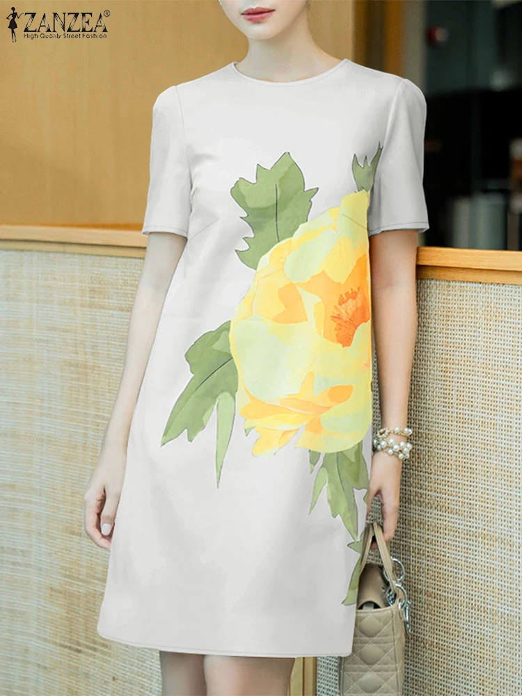 ZANZEA Woman Elegant Floral Print Satin A-line Dresses Summer Casual O-Neck Short Sleeve Knee-length Robes Day Wear Vestidos