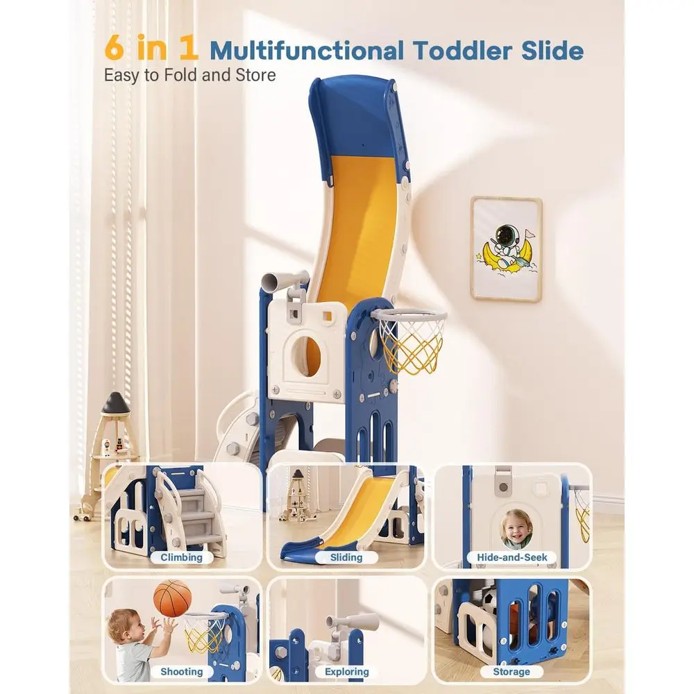 Glissière pour tout-petits 6 en 1, centre de jeu intérieur et extérieur avec basket-ball et télescope, pour les 1 à 3 ans, bleu et jaune