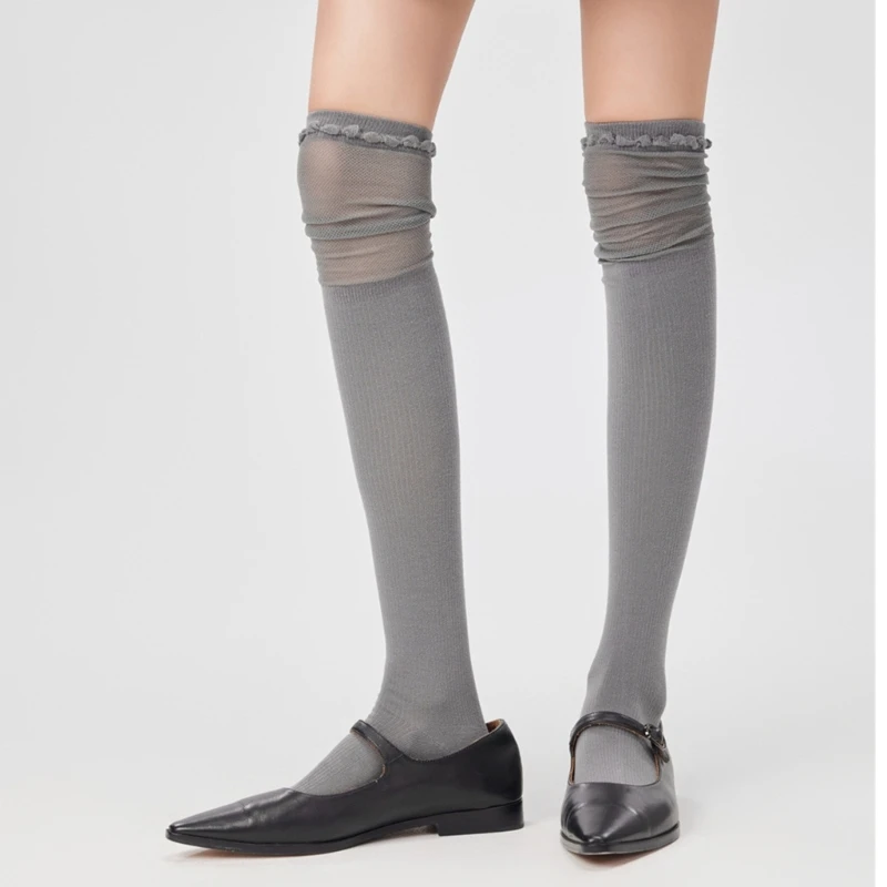 

Womens Student Loose Mesh Splicing Over Knee Socks Japanese Student Solid Color Stretch Thigh High Stockings Streetwear