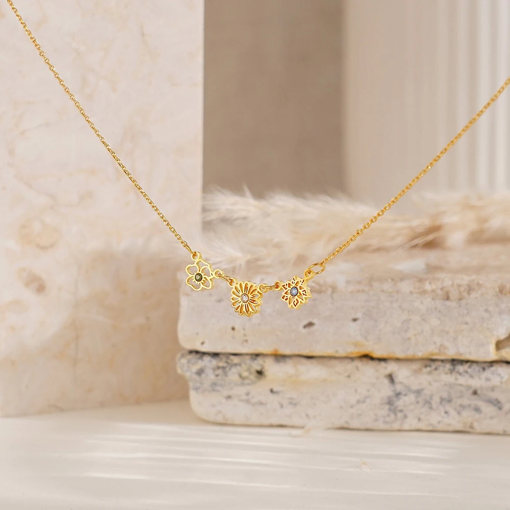 Personalized Customization Of Birthstone Flower Necklace DIY Hollow Flower Bouquet Necklace For Women's Jewelry Necklace