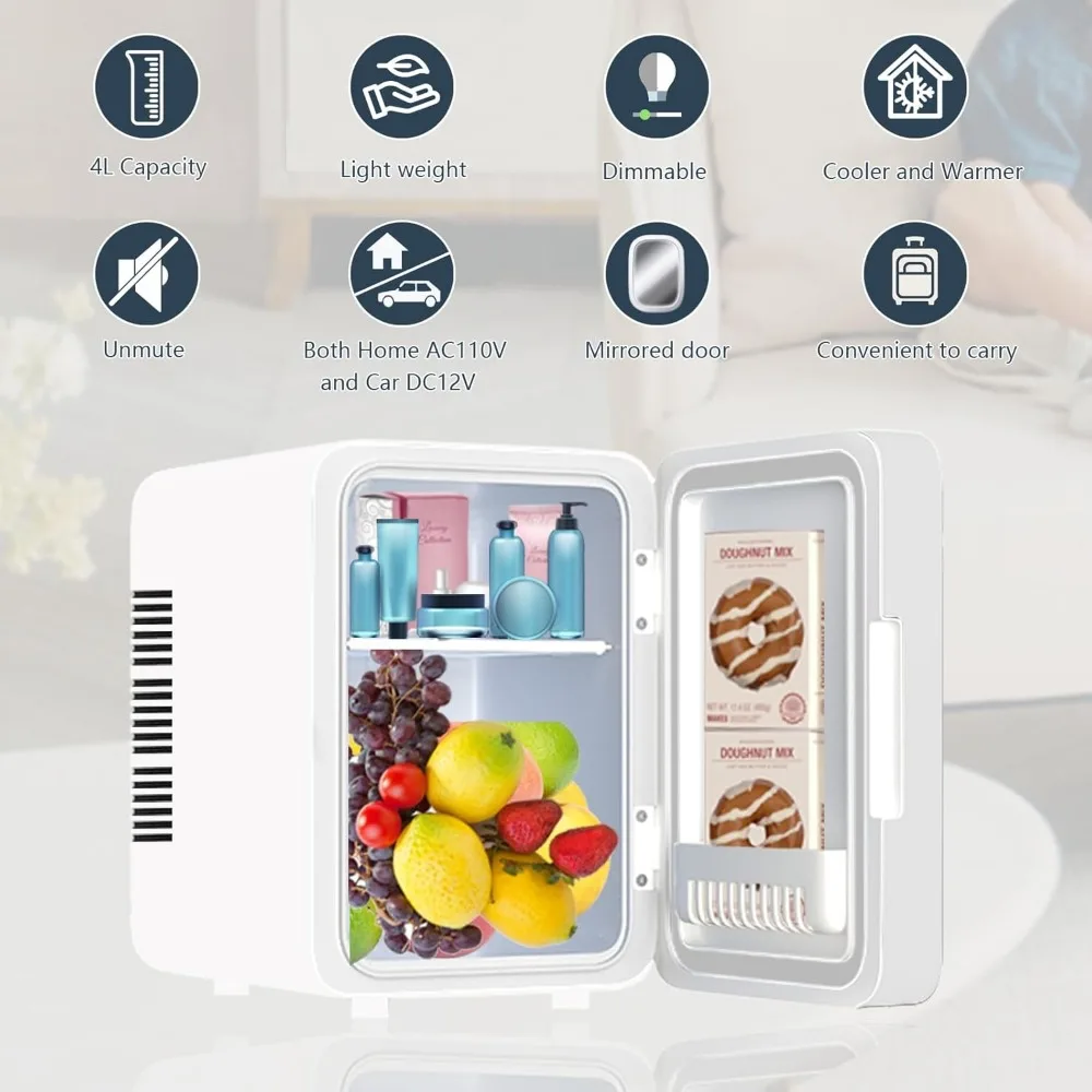 Mini Fridge, Skincare Fridge -With Dimmable LED Mirror (4 Liter/6 Can), Cooler and Warmer, for Refrigerating Makeup