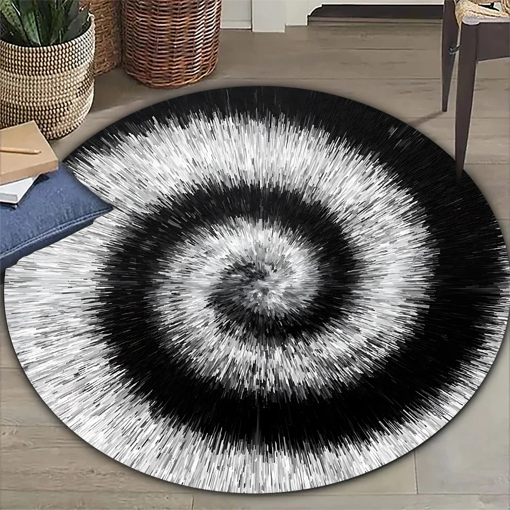 Black and Gray Spiral Tie-Dye Round Area Rug, Non Slip Washable Floor Mat for Living Room Bedroom and Patio, Abstract Decor