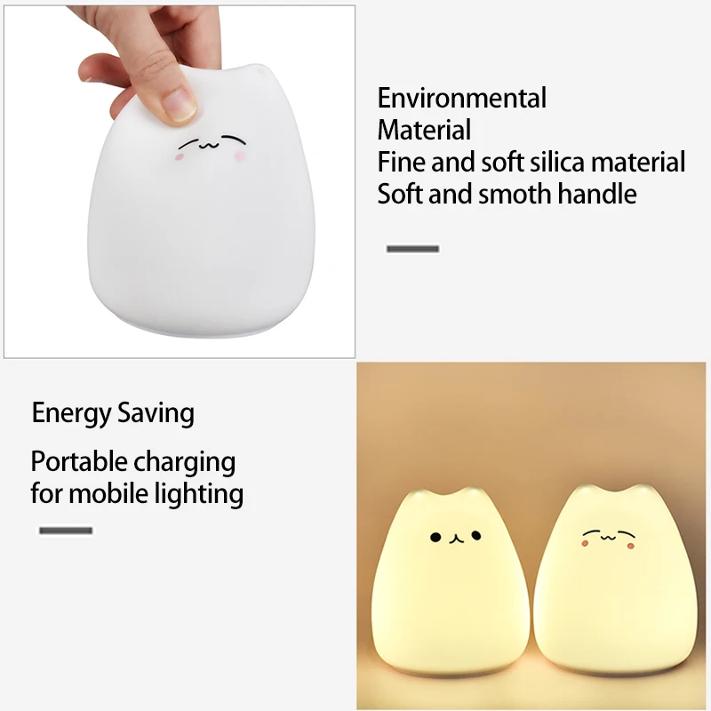 LED Cat Night Light for Kids Soft Silicone Touch Sensor 7 Colors Changing Cartoon Sleeping Lamp for Bedroom Nursery Decoration