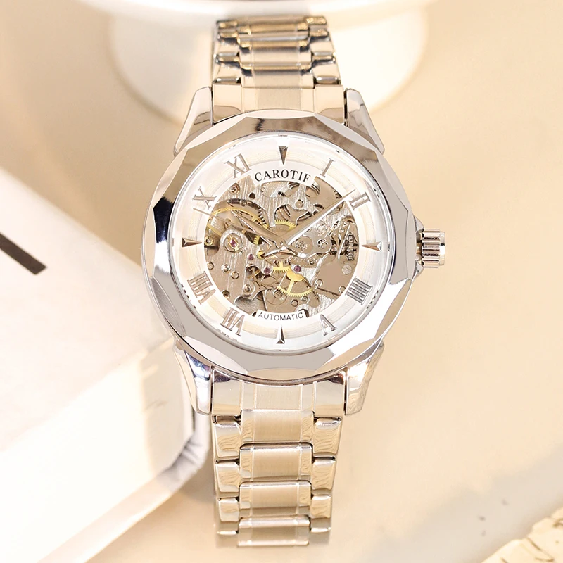 

Мужские серебряные модные минималистичные автоматические механические часы с турбийоном и скелетоном из нержавеющей стали