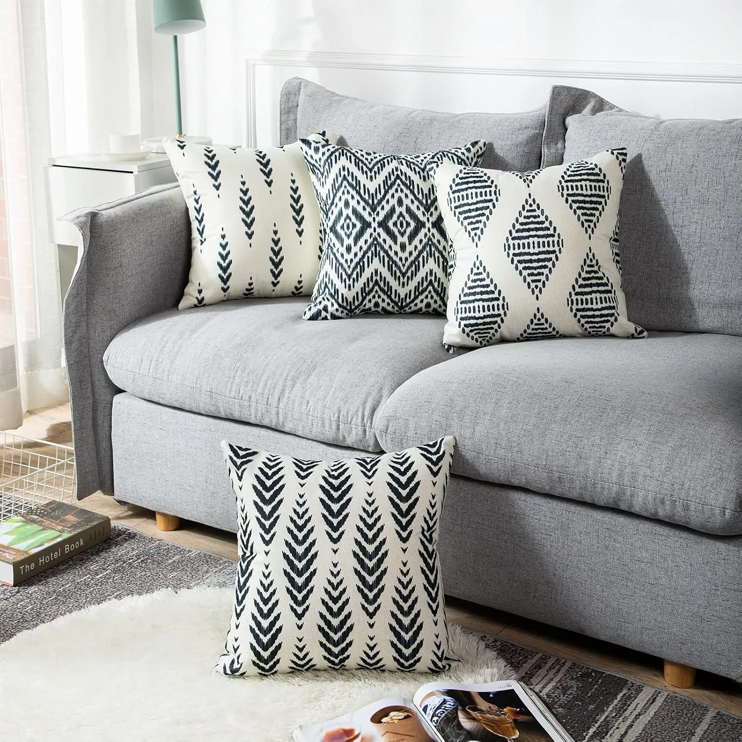 Set of 4 Throw Pillow Covers Ikat Tribal and Boho Bohemian Black Ethnic Herringbone for Ideas Decor Linen Outdoor Pillow Cases
