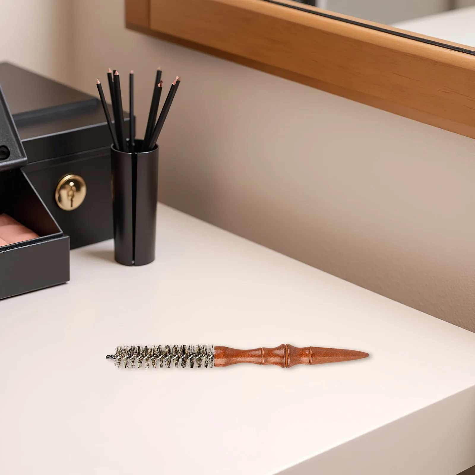 

2pcs Spiral Design Mini Curling Roll Comb Dark Brown Wooden Handle Boar Bristle For Travel Blow Drying Styling Curly Brush Men'S