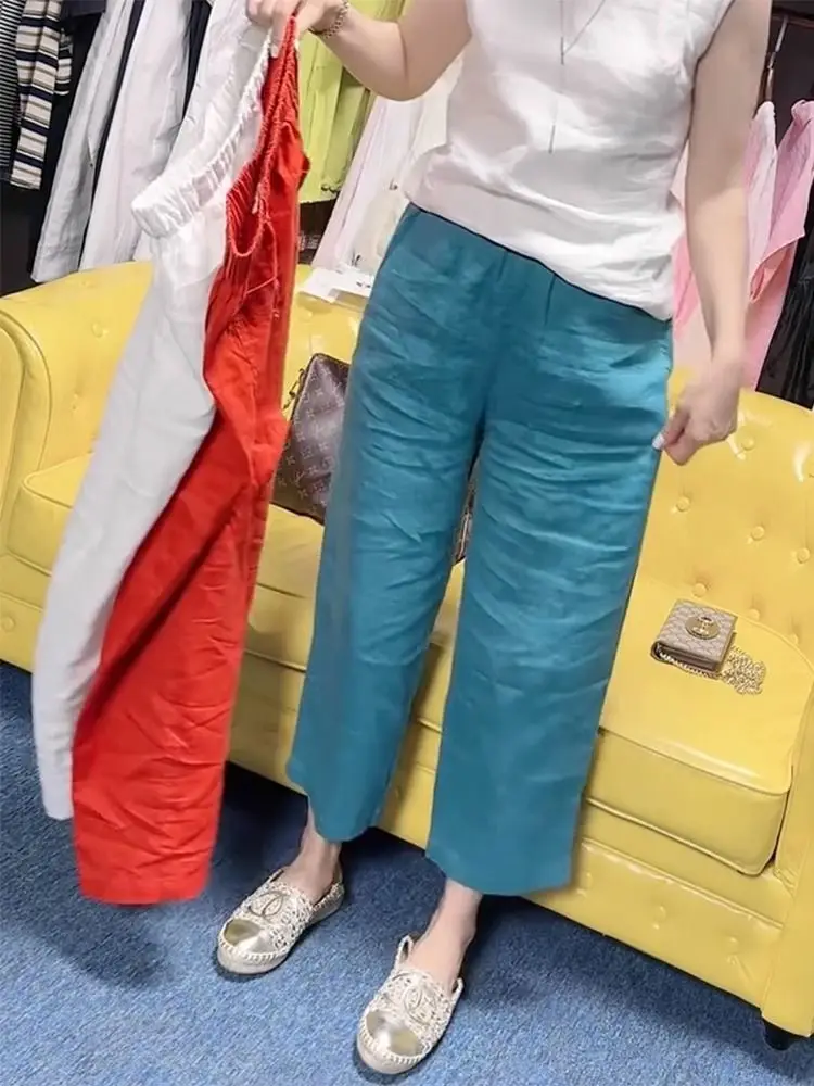 Letnie spodnie damskie 2025, luźne, z wysokim stanem, proste nogawki, z jedwabiu lodowego, bawełny i lnu, elastyczna talia, długość 7/8, casualowe...