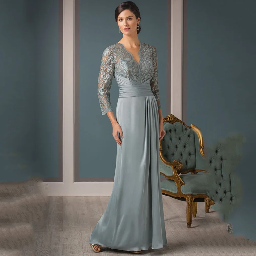 

Elegant Mother of the Bride Dresses V Neck Full Sleeves Sheath Sweep Train Lace Appliques Chiffon A-Line Evening Mother Gowns