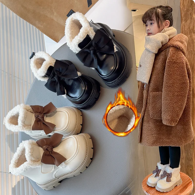 Girls Lamb Wool Leather Shoes Soft Sole Baby Moccasin Shoes Kids Princess Warm Boots with Bow-knot Simple 2025 Winter New