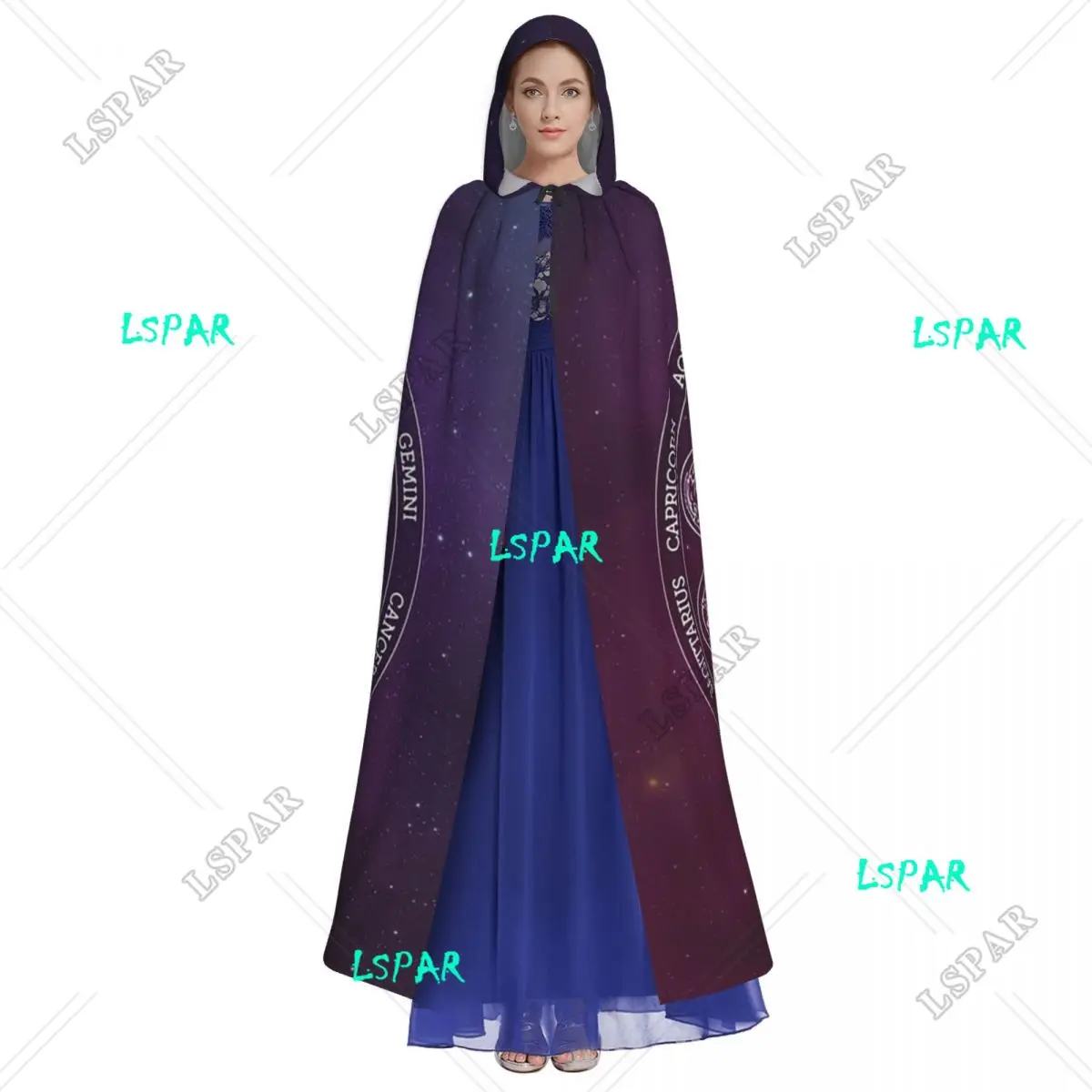 Zodiac Wheel Space Purple Long Hooded Cloak Witch Medieval Costume Cosplay Cape HalloweenVampire Adult Unisex