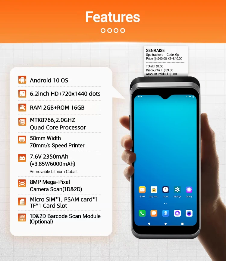 Terminale mobile H3 da 6,2" con stampante termica scanner di codici a barre Android 10 2 + 16 GB PDA Reader Ordina macchina per code