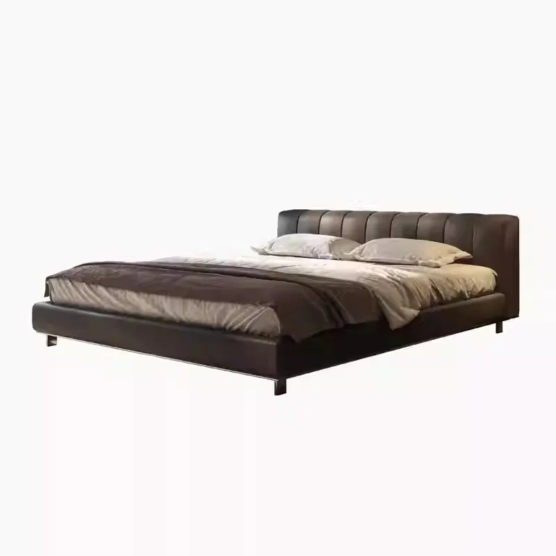 #Italian Minimalist Piano Key Head Layer of Cowhide Leather Bed Double Soft Cushion Designer Large Bed