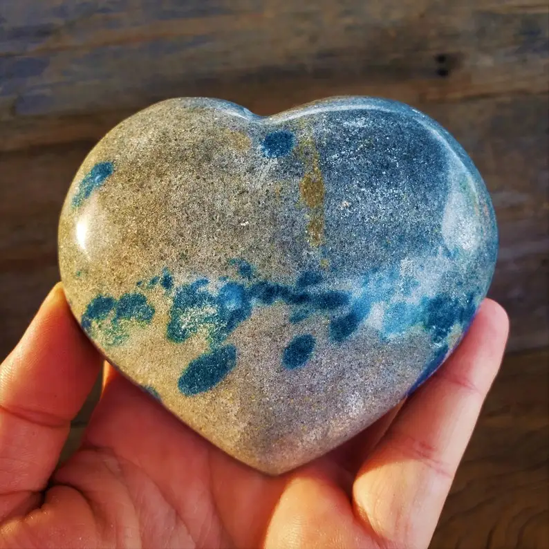 K2 Jasper Heart: Large RARE Blueberry Jasper Blue Raindrop Azurite Bloom White K2 Granite Carved Stone Heart Shaped Rock
