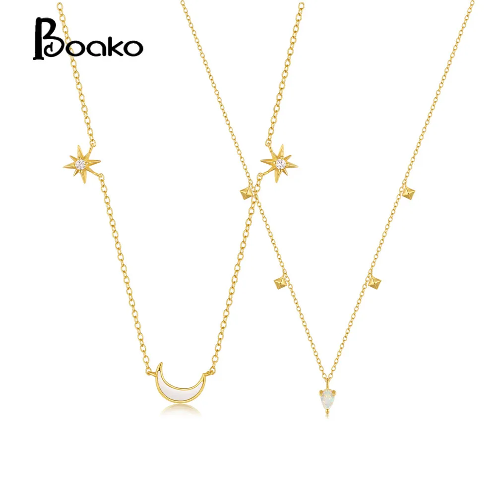 

BOAKO 925 Sterling Silver Turquoise Double Layered Necklaces For Women Moon Star Shaped Adjustable Opal Necklace Collar 40cm