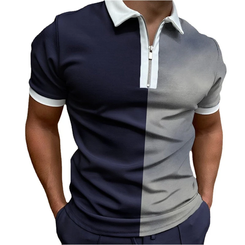 2022 Vintage Summer New Fashion Trend Fitness Casual Simple Polo Shirts Men Zipper Color Block Sports Patchwork Top Man Clothing