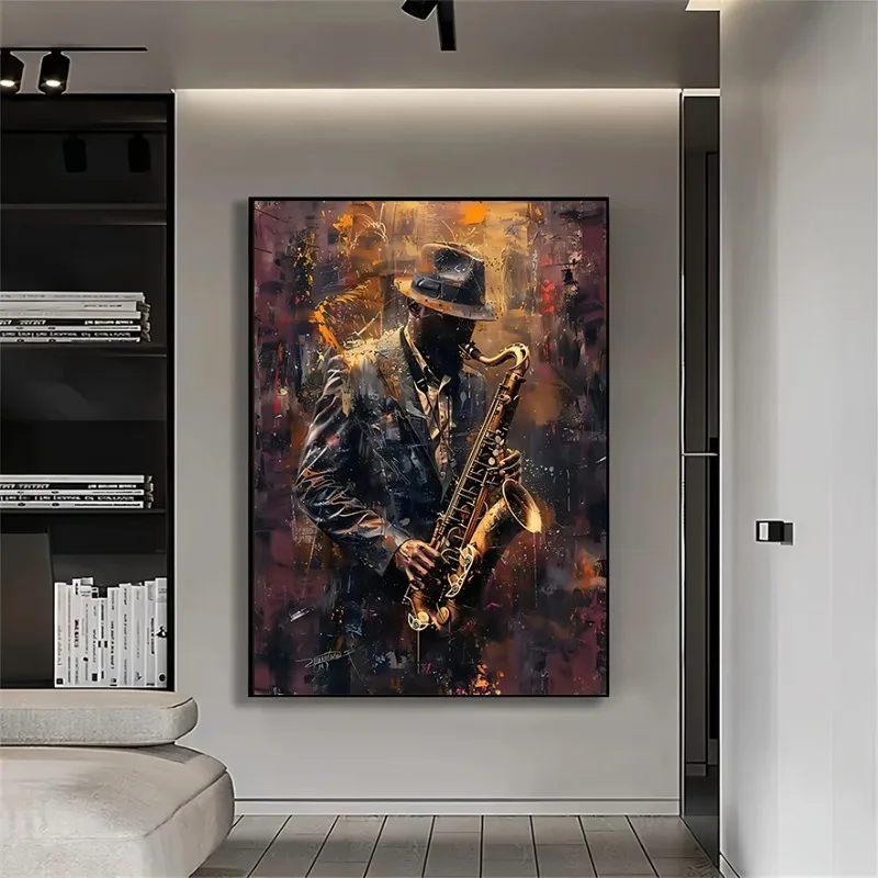 2D Flat Saxophonist Canvas Prints Modern Abstract Jazz Music Poster Canvas Print Wall Art Decor for Living Room Bedroom Office