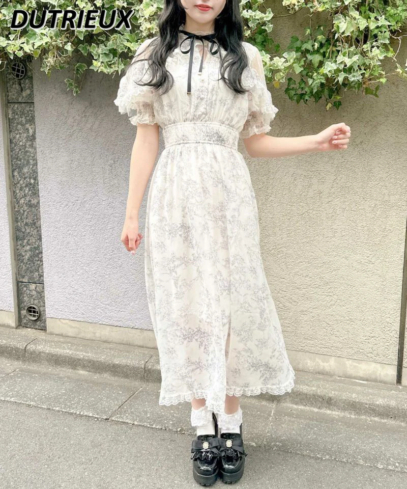 Rojita Japanese Style Mine Lace Trim Short Sleeve Dress Mass-Produced Sweet Girls Printed Slimming Waist Mid-Length Dresses