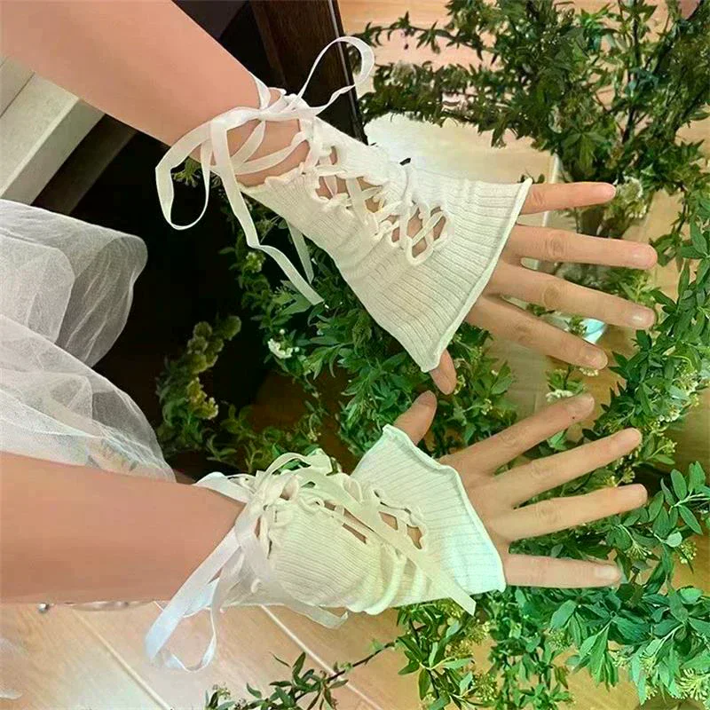 Strapping Lace Fingerless Hot Sexy Arm Sleeves DIY Lace-up Sunscreen Gloves Elastic Mesh Punk Gloves Clothing Accessories Women