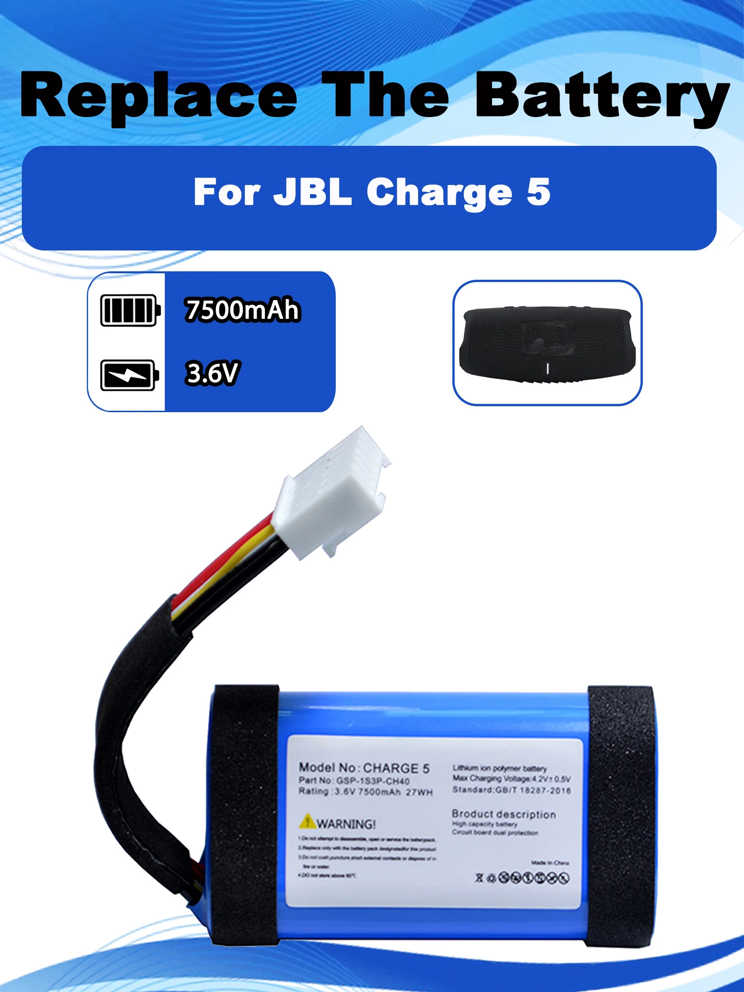 3.6V 7500mAh GSP-1S3P-CH40 Replacement Battery For JBL Charge 5 Charge5 Charge 4QBluetooth Wireless Speaker
