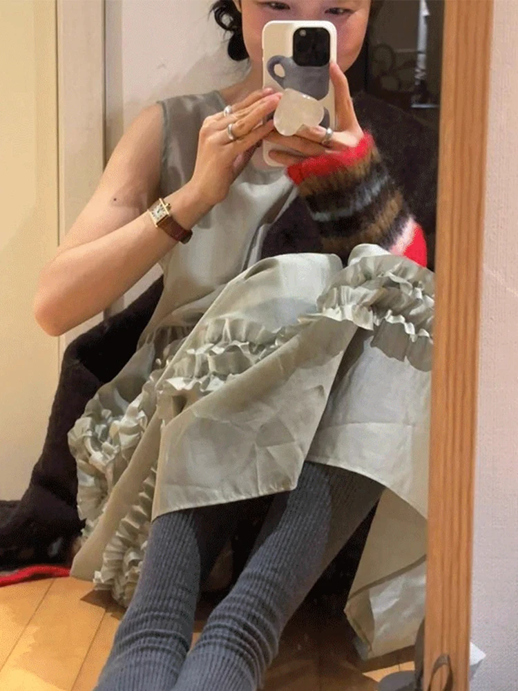 Chique vintage em torno do pescoço sem mangas colete vestido em camadas bolo saia longa primavera moda fena viagem cintur...