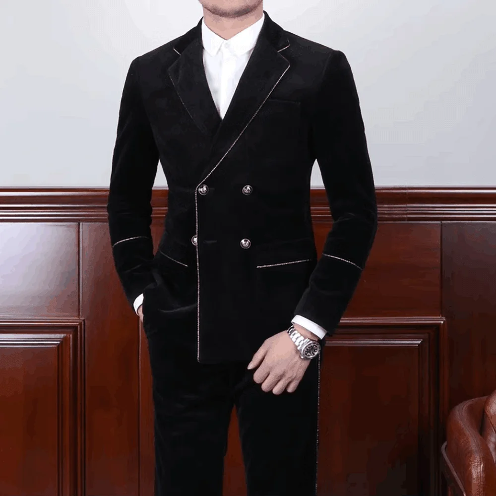 

New Arrival Men Suits Velvet Black Notch Lapel Double Breasted Male Blazer Smart Casual Groom Wedding Tuxedo 2 Piece Slim Fit